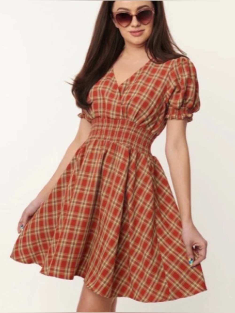 Unique Vintage Rust Red Plaid Smocked a puff Sleeve Dress Large 10/12